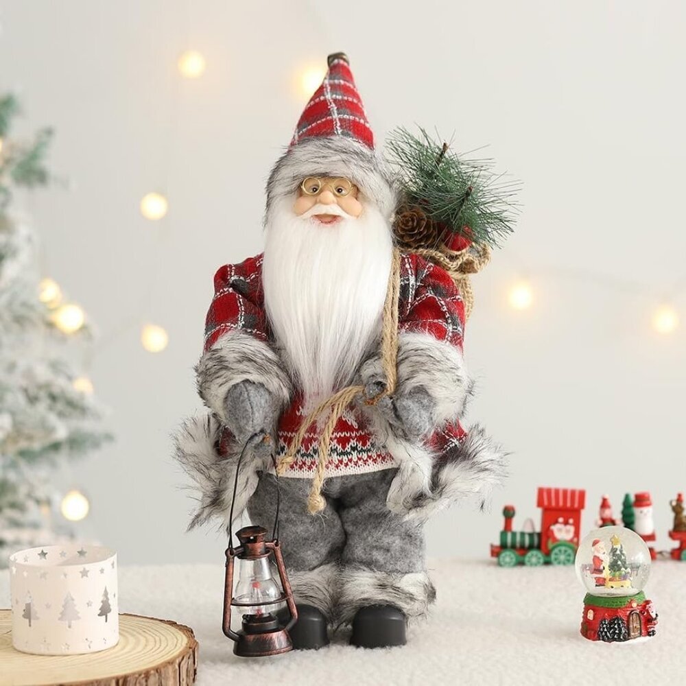 14-inch Santa Claus Figurine with Kerosene Lamp & Sack - Christmas Decor
